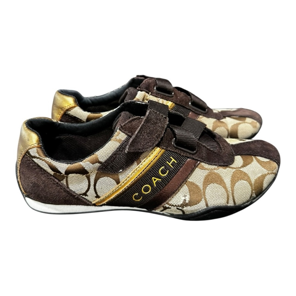 Coach Signature Monogram Sneakers Brown/Gold Velcro Strap Size 7 - Picture 4 of 11